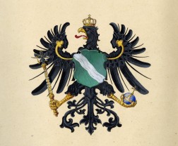 Dokument: Der Preußische Reichsadler, auf dessen Brust ein grünes, mit einem silbernen, wellenweise gezogenen Schrägrechtsbalken belegtes und mit einer Krone bedecktes Herzschild.